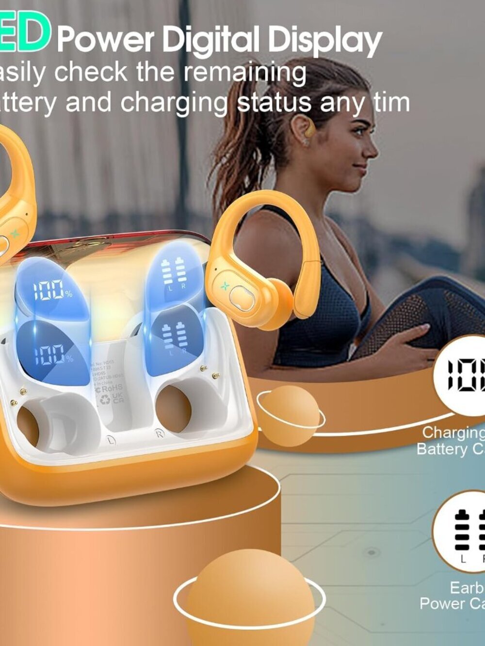 Yellow Wireless Earbuds Bluetooth Headphone Sport with Ear hooks Workout - Picture 5 of 7
